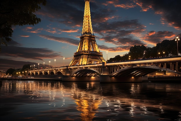 Heldere Eiffeltoren 's nachts weerspiegelt in de rivier generatieve IA