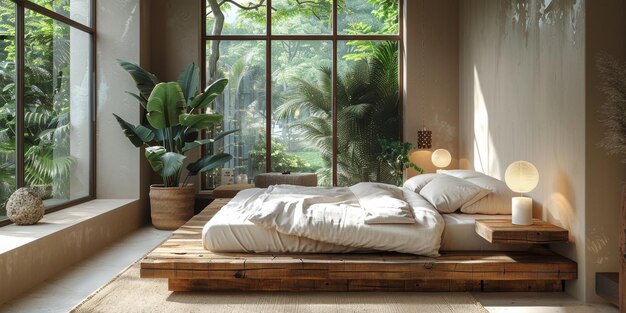 Foto heldere en gezellige moderne slaapkamer met houten groot bed gladde ochtendlicht met moderne decoratie 3d render