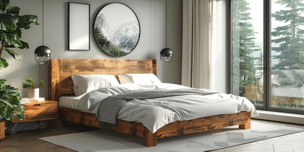 Foto heldere en gezellige moderne slaapkamer met houten groot bed gladde ochtendlicht met moderne decoratie 3d render