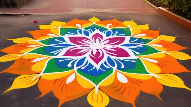 Heldere en kleurrijke traditionele Indiase rangoli-decoratie bij hindoeïstische tempels India