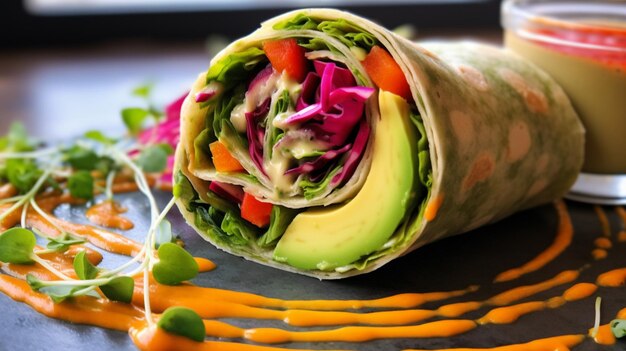 Foto heldere en kleurrijke veggie wrap met hummus avocado