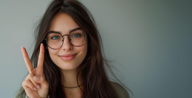 Heldere en sprankelende jonge vrouw die haar vreugde uitdrukt met een vredesteken