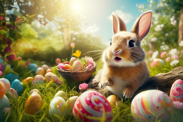 Heldere en vrolijke digitale illustratie van een schattig konijn en paaseieren Ze worden vaak gebruikt