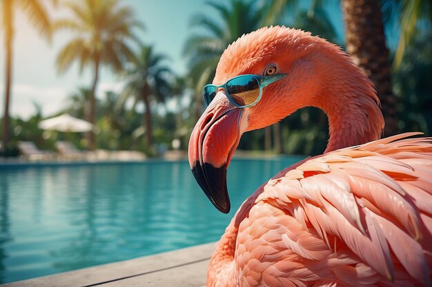 Foto heldere flamingo vogel in zonnebril rust op het strand bij het zwembad onder palmbomen met een glas fruit cocktail