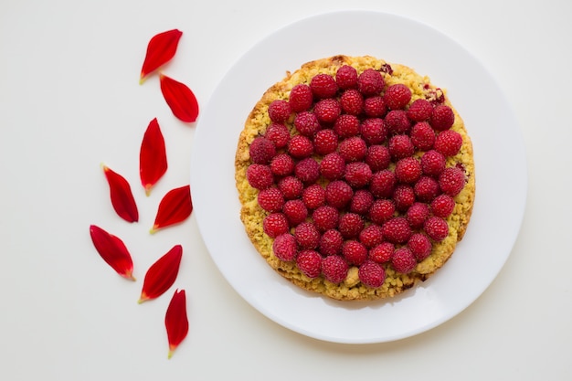 Heldere frambozencake op een plaat