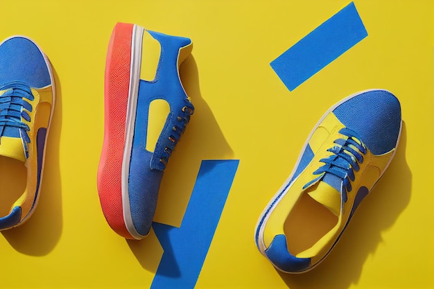 Heldere gele en blauwe sneakers op kleurrijke achtergrond d render digitale afbeelding