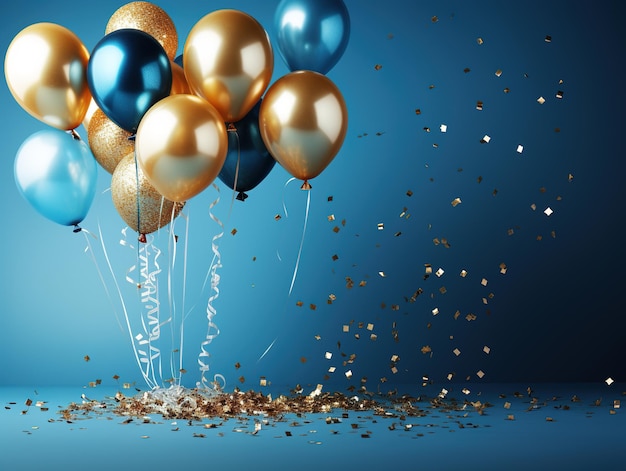 Heldere helium vliegende ballonnen met confetti Ansichtkaartsjabloon Generatieve ai