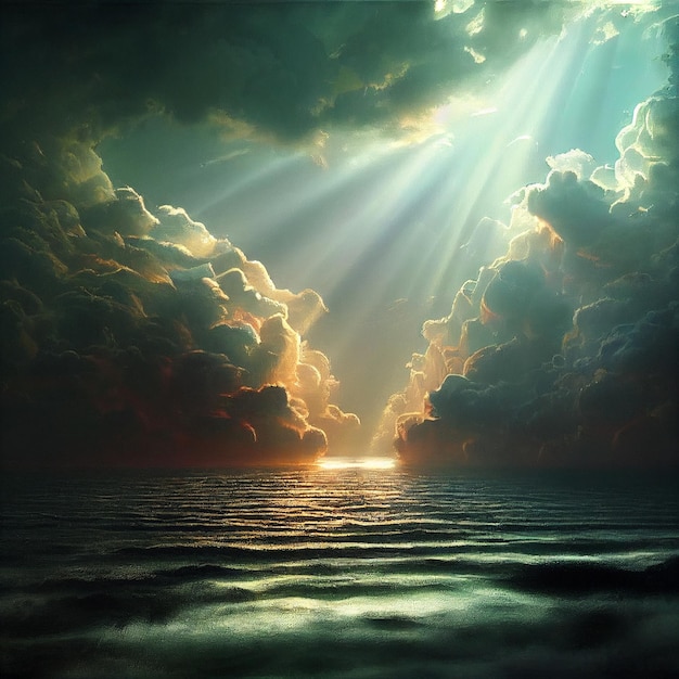 Heldere hemelse zonnestralen die door cumuluswolken breken Een symbool van hoop en inzicht