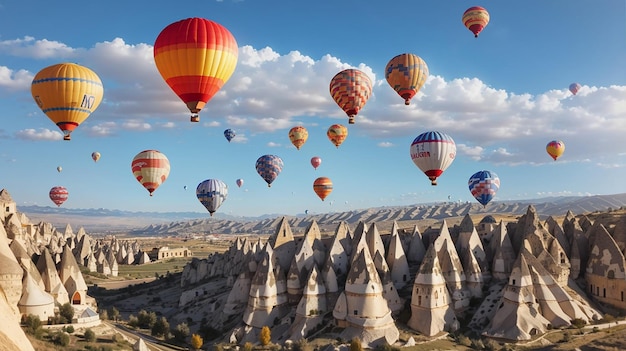 Heldere heteluchtballonnen in de lucht van Cappadocië, Turkije