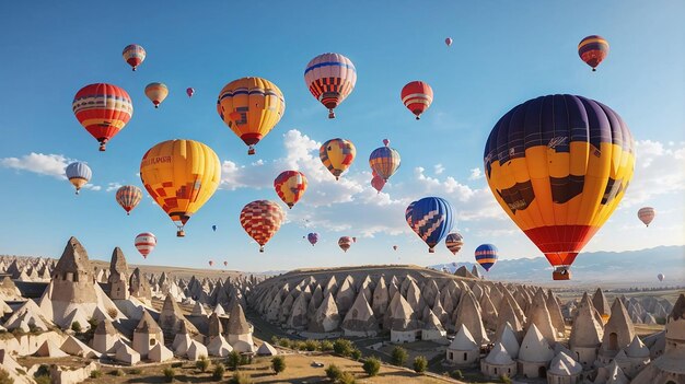 Heldere heteluchtballonnen in de lucht van Cappadocië, Turkije