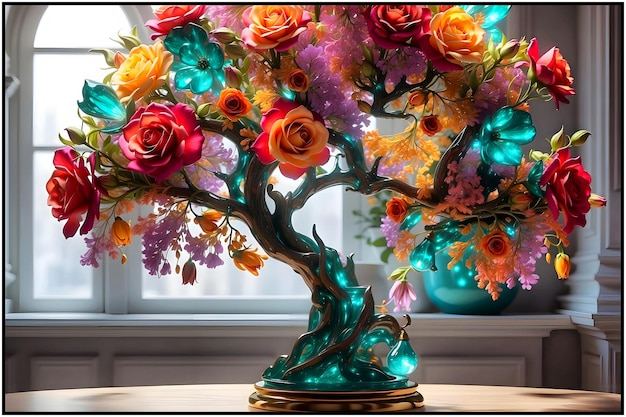 heldere kleuren fantasie boom edelstenen bloemen op takken