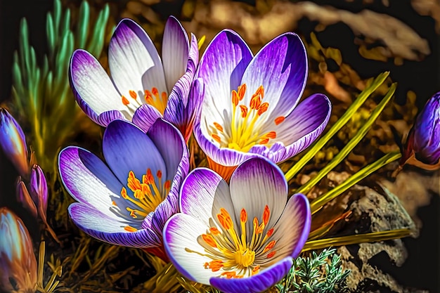 Heldere kleurrijke bloemen van de lente in de vorm van bloemblaadjes krokus in de natuur