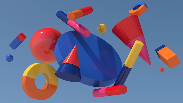 Heldere kleurrijke geometrische vormen in de lucht. Abstracte illustratie, 3D-rendering.