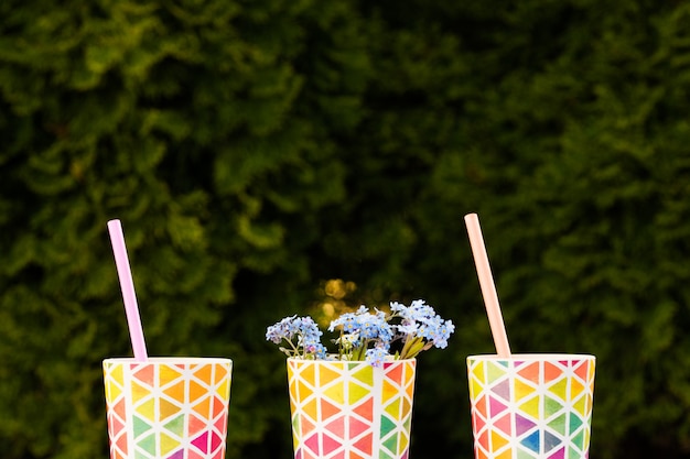 Heldere kleurrijke glazen, gerechten voor een picknick, zomerglazen. Kopieer ruimte.