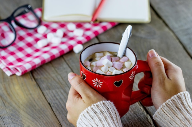 Heldere kop chocolade met marshmallows in vrouwelijke handen