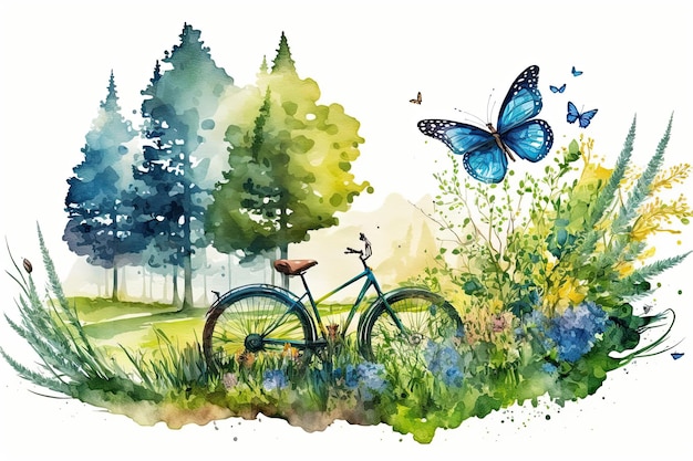 Heldere landschapsmening met lenteweide een fietsvlinders en groen gras Generatieve AI