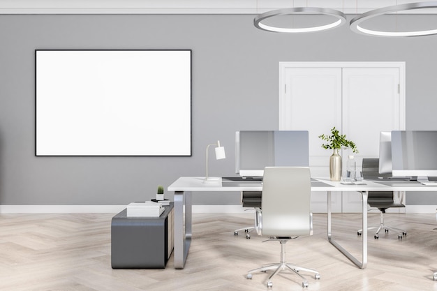 Heldere lege kantoorruimte met een witte lege banner op de muur houten vloer en betonnen muur interieur concept 3D-rendering mock up