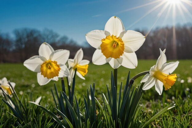 Heldere narcissen bloeien onder een zonnige hemel.