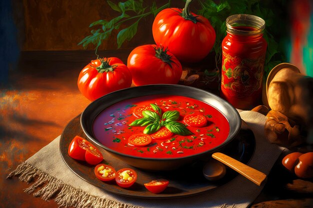 Heldere rijpe tomaten en bord rode Spaanse gazpachosoep