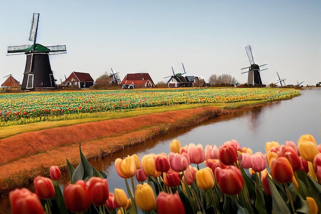 Heldere rode en gele rijen tulpenbloem op de rivieroever tegen de achtergrond van huizen