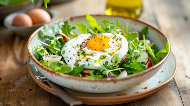 heldere sappige salade met gepocheerd ei