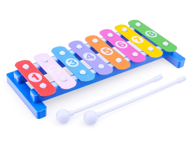 Heldere speelgoed xylofoon geïsoleerd op een witte achtergrond, close-up. muziekinstrumenten voor kinderen.