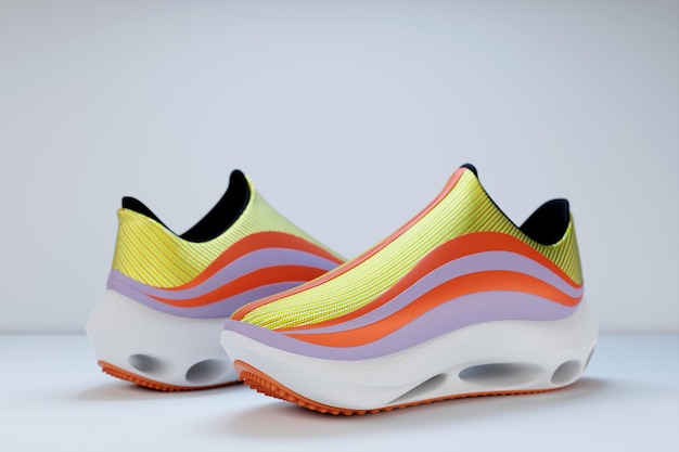 Heldere sport unisex sneakers in oranje en geel canvas met hoge witte zolen 3d illustratie