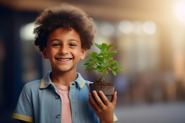 Heldere toekomst glimlachend schoolkind en zorgvuldig gehouden zaailing