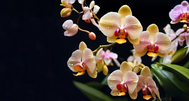 Foto heldere tropische gele orchidee bloemen in regendruppels