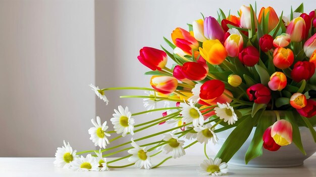 Heldere tulpen met madeliefjes in de hoek