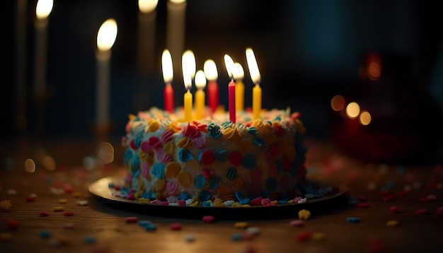 Heldere verjaardagskaarsen branden op zoete chocoladekoek met versieringen gegenereerd door AI