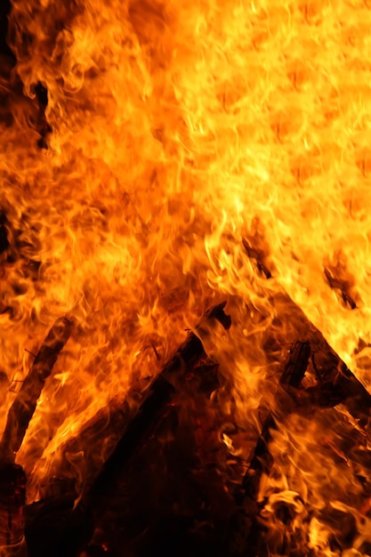 Heldere vreugdevuurvlam buitenshuis Brandhout en houten stokken die in vuur branden