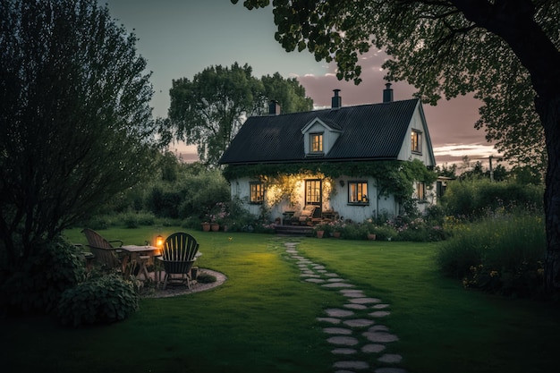 Heldere zomeravond in gezellige achtertuin met prachtig groen gazon