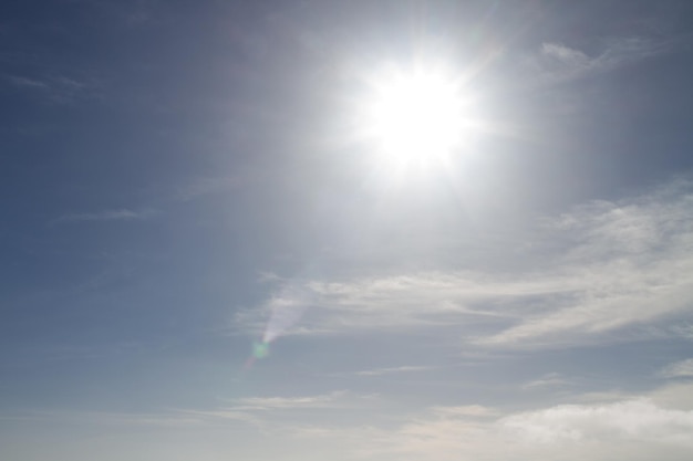 Heldere zomerhemel met een felle zon die recht in de camera schijnt