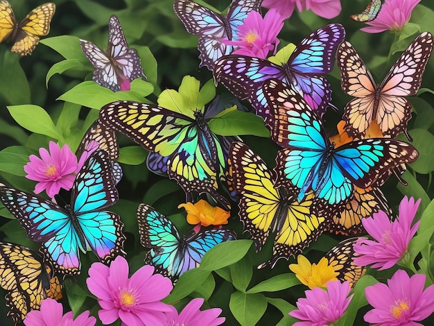 Heldere zomervlinders in kleuren op een groene achtergrond Olieverf