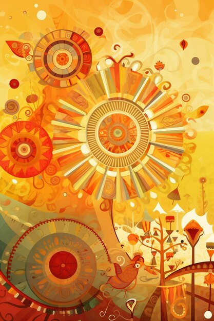 Foto heldergekleurde abstracte schilderij van een zonnebloem en een vogel generatieve ai