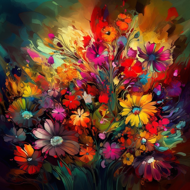 Heldergekleurde bloemen in een vaas op een donkere achtergrond