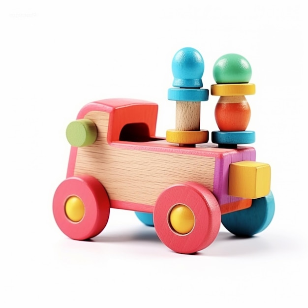 Heldergekleurde houten speelgoedtrein met kleurrijke ballen bovenop generatieve ai