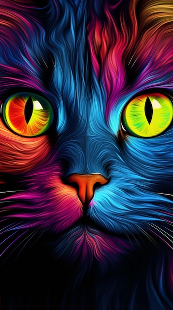 Heldergekleurde kat met gloeiende ogen en gloeiende oogen generatieve ai