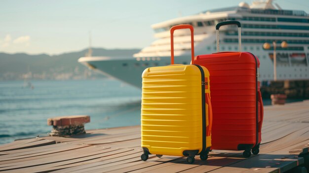 Foto heldergekleurde koffers op een dok met een cruiseschip op de achtergrond