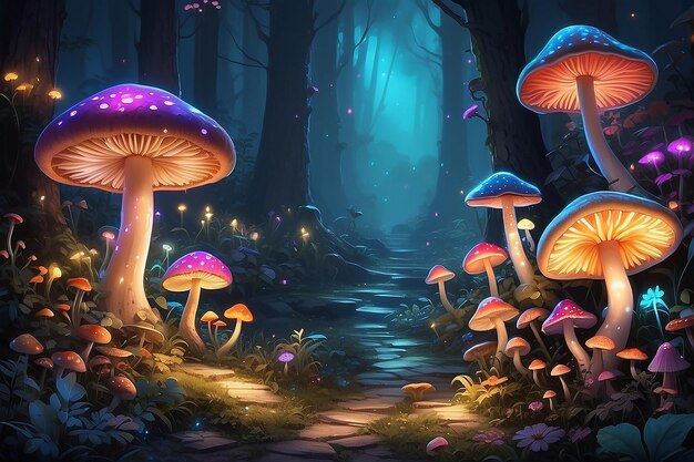 Heldergekleurde lichten met paddenstoelen en schimmels