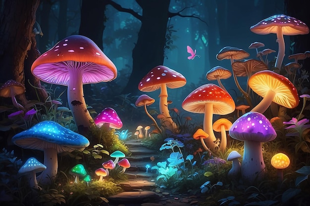 Heldergekleurde lichten met paddenstoelen en schimmels