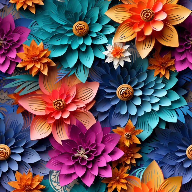 Heldergekleurde papieren bloemen zijn gerangschikt in een patroon generatief ai