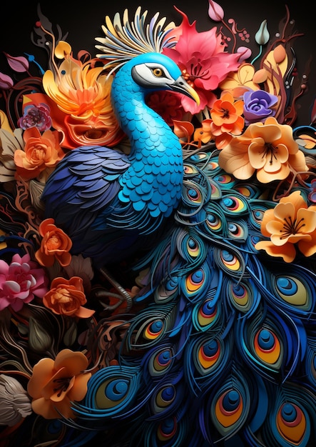 Heldergekleurde papierkunst van een pauw omringd door bloemen generatieve ai