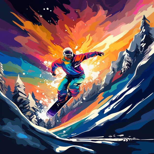 Heldergekleurde snowboarder in een kleurrijke jas gaat een berg generatieve ai