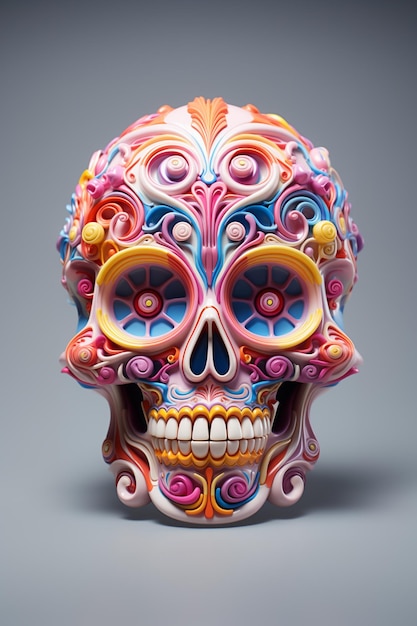 Heldergekleurde suiker schedel met bloemen decoratie op het gezicht generatieve ai