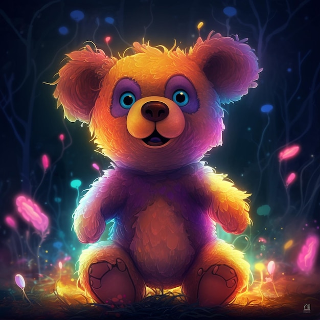 Heldergekleurde teddybeer zit in het gras met gloeiende lichten generatieve ai