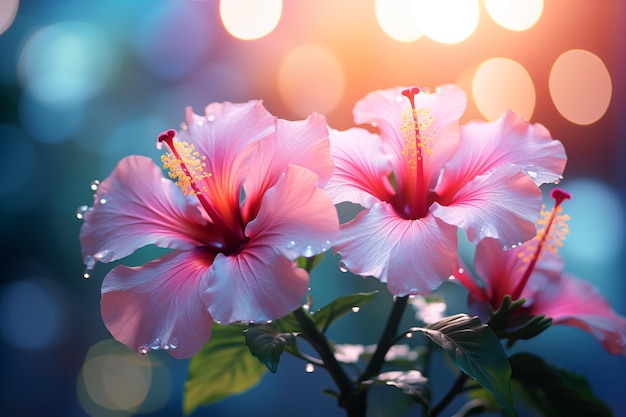 Heldergekleurde verse hibiscusbloemen met pastel bokeh generatieve ai