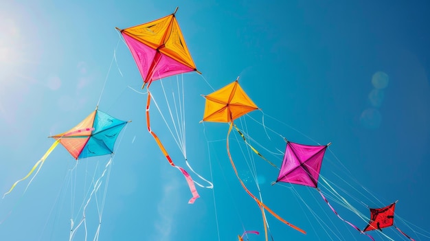 Heldergekleurde vliegers die in de lucht vliegen, door AI gegenereerde illustratie