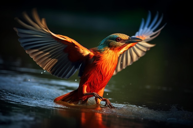 Heldergekleurde vogel met uitgestrekte vleugels in water generatieve ai